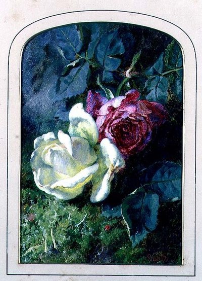 苔の生えた土手に咲くバラとテントウムシ（ボード 作： Martha Darley Mutrie