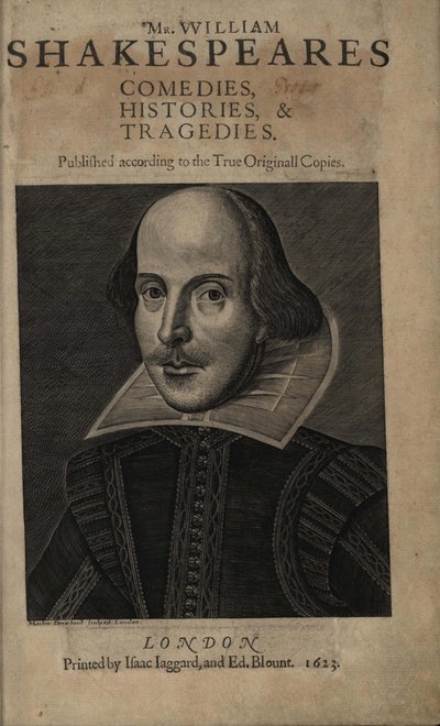 最初のシェイクスピアのフォリオのタイトル ページ、1623 年 作： Martin Droeshout