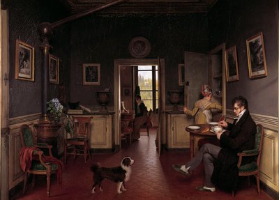 1815年のダイニングルームの内観 犬の目の前で朝食をとるスリッパ姿の男性。マーティン・ドローリング（1752-1817）の絵 作： Martin Drölling