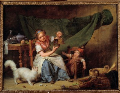 女とネズミ 猫と赤ん坊の前でネズミ捕りを手にする少女。マーティン・ドローリング（1752-1817）による絵画 1798年 日0,25x0,35 m オーリンズ美術博物館 作： Martin Drölling