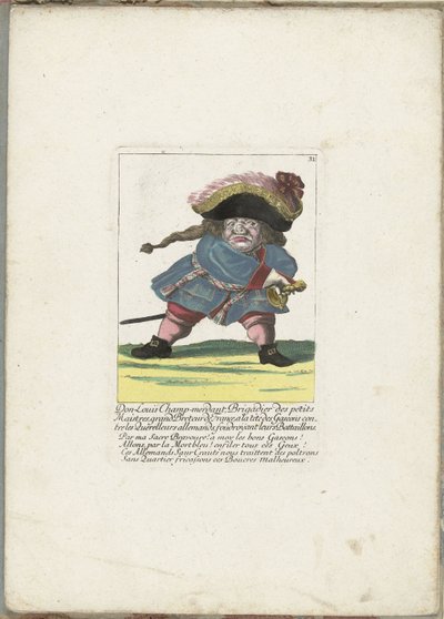 De Frances dwerg Don Luis Champ-merdant, ca. 1710年 ドン・ルイス・シャン・メルダン、リトル・マスターズの准将、フランスのグランド・ブレトゥール、ドイツの喧嘩屋に対するガスコンの頭で、彼らの大隊を打ち倒している（オブジェクトのタイトル） 復活したイル・カロット 作： Martin Engelbrecht (attributed to)