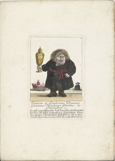 カップを持つ聖職者としてのドワーフ グスタフ ワインベルガー、1710 年頃 Eximius et Ponderosus Dominus Gustavus Weinberger Parochus in Panzendorf など (オブジェクトのタイトル) Il Callotto resurcitato oder Neu einrichtings Zwerchen Cabinet (シリーズ タイトル) 作： Martin Engelbrecht (attributed to)