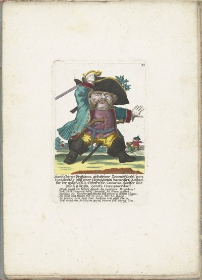 De dwerg Hanss Görge Prijhann が最悪の将校として登場、1710 年頃 Hanß Görge Prijhann、Donnerhundt 生まれ、スカンダーベク出身、Hottendottin のろくでなしロットマイスター、大胆不敵で鉄を食べるロットマイスター、カタリーナ、ケッファー、ブルート グルグルン コントラ シャンメルダン (titl 作： Martin Engelbrecht (attributed to)