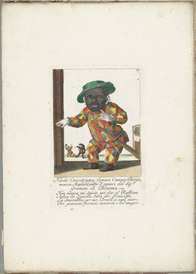 ニコロ・カッカトリッパがハルレキンとして描いた。 1710年 Nicolo Caccatrippa、有名なCanaia Bergamasca、BlouniaのGratian氏の愛国大使（オブジェクトのタイトル） Il Callotto resurcitato oder Neu eingerichtes Zwerchen Cabinet (シリーズ タイトル) 作： Martin Engelbrecht (attributed to)