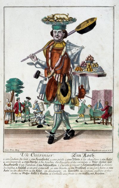 料理人。マーティン・エンゲルブレヒト（1684-1756）のエングレーヴィング（18世紀、ドイツ）。パリ、装飾美術 作： Martin Engelbrecht
