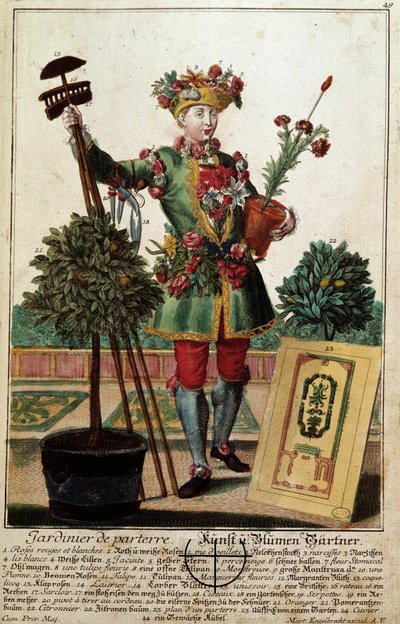 庭師です。マーティン・エンゲルブレヒト(1684-1756)のエングレーヴィング、18世紀、ドイツの「manouvries habillesの新しい集合体」による。パリ、装飾美術 作： Martin Engelbrecht
