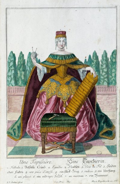 椅子張りの様子。マーティン・エンゲルブレヒト(1684-1756)のエングレーヴィング、18世紀、ドイツの「manouvries habillesの新しい組み立て」による。パリ、装飾美術 作： Martin Engelbrecht