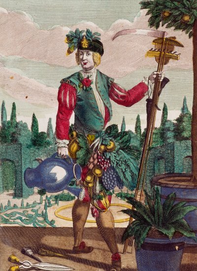 マルティン・エンゲルブレヒト（1684-1756）の「Assemblage des nouveau manouvries habilles」からの版画「庭師」（ドイツ 作： Martin Engelbrecht