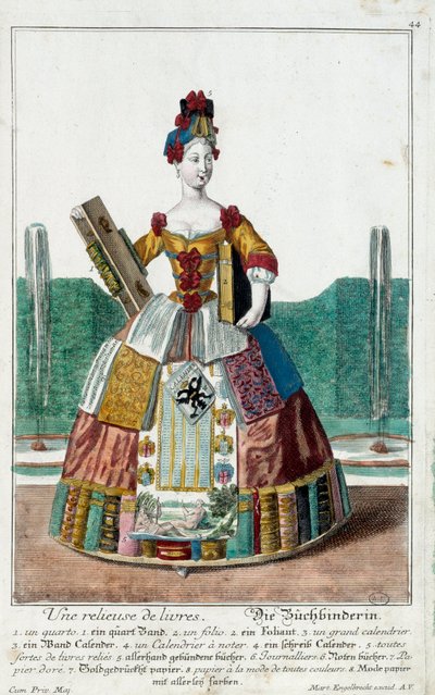 メチエ。本の製本業者。マーティン・エンゲルブレヒト(1684-1756)のエングレーヴィング、18世紀ドイツの「manouvries habillesの新しい組み立て」による。パリ、装飾美術 作： Martin Engelbrecht