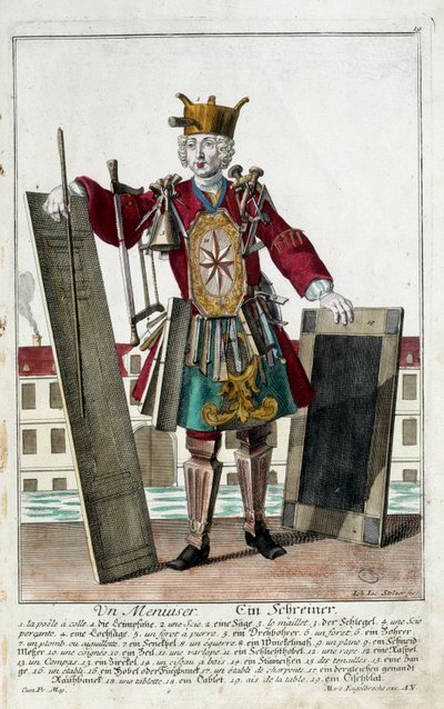 メチエ。大工さん。マルティン・エンゲルブレヒト（1684-1756）のエングレーヴィング（18世紀、ドイツ）。パリ、装飾美術 作： Martin Engelbrecht
