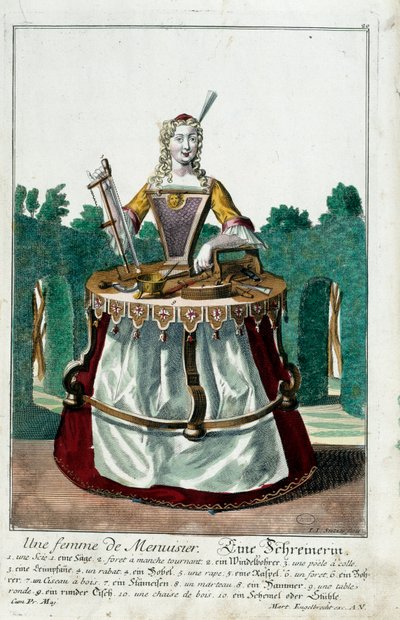 メチエ。大工の妻。マルティン・エンゲルブレヒト（1684-1756）によるエングレーヴィング。「マヌーヴリー・ハビーユの新しい集合体」18世紀、ドイツ。パリ、装飾美術 作： Martin Engelbrecht