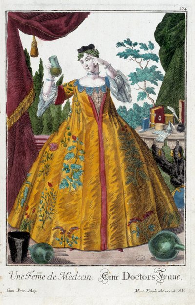 メチエ。医者の妻。マーティン・エンゲルブレヒト（1684-1756）によるエングレーヴィング。"manouvries habillesの新しいアセンブリ "18世紀、ドイツ。パリ、装飾美術 作： Martin Engelbrecht
