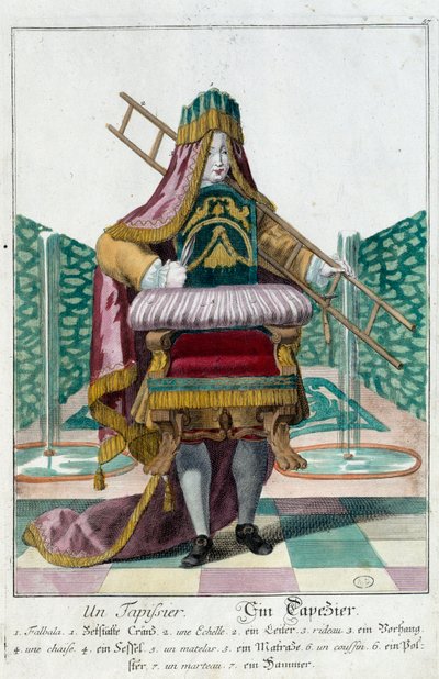 メチエ。張りぼてのこと。マーティン・エンゲルブレヒト(1684-1756)のエングレーヴィング、18世紀、ドイツの「マヌーヴリー・ハビーユの新しい組み立て」による。パリ、装飾美術 作： Martin Engelbrecht