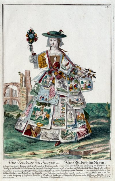メチエ。イメージセールスウーマン。マーティン・エンゲルブレヒト（1684-1756）のエングレーヴィング、18世紀、ドイツ。パリ、装飾美術 作： Martin Engelbrecht