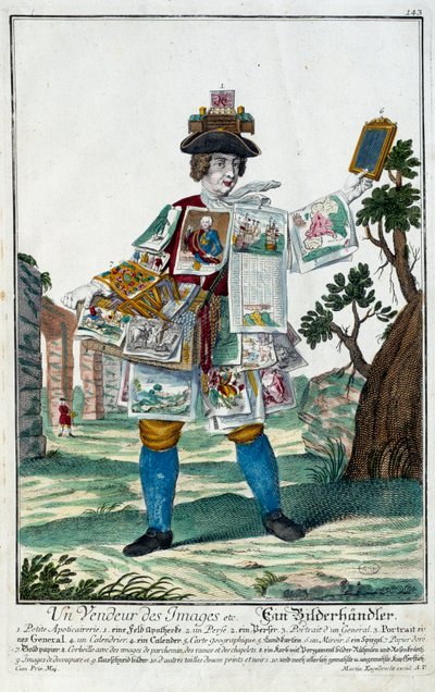 メチエ。イメージを売る人。マーティン・エンゲルブレヒト(1684-1756)のエングレーヴィング、18世紀、ドイツの「マヌーヴリー・ハビーユの新しい集合体」。パリ、装飾美術 作： Martin Engelbrecht