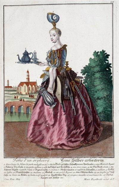 メチエ。金魚の女マーティン・エンゲルブレヒト（1684-1756）のエングレーヴィング（18世紀、ドイツ）。パリ、装飾美術 作： Martin Engelbrecht