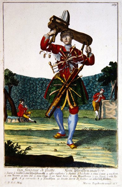 フルート製作者」1735年頃（彩色済みエングレービング） 作： Martin Engelbrecht
