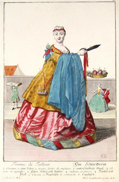 仕立て屋の女房』1735年頃（カラーエングレービング） 作： Martin Engelbrecht