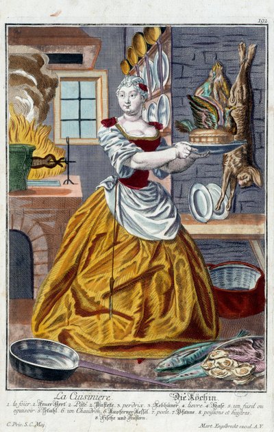 料理人。マーティン・エンゲルブレヒト(1684-1756)のエングレーヴィング、18世紀ドイツの「マヌーヴリー・ハビーユの新しい集合体」による。パリ、装飾美術 作： Martin Engelbrecht
