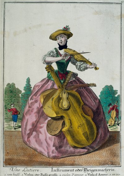 Une Lutiere, Lutist with viola, cello and violin, by Martin Engelbrecht (1684-1756), カラープリント, フランス 作： Martin Engelbrecht