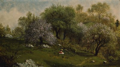 丘の中腹の少女、リンゴの花 作： Martin Johnson Heade