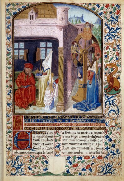 運命のアレゴリー：幸運の輪の近くにいる若い女性の表現。マルタン・ル・フラン（1410-1461）の「幸運と美徳の精神」のミニチュア、1447-1448年、パリB.N. 作： Martin Le Franc