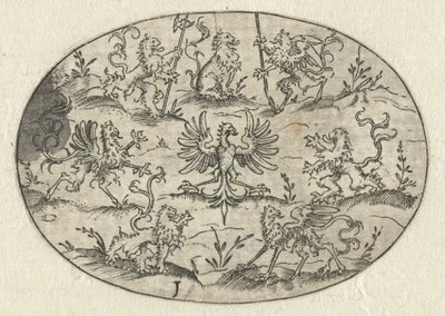 ライオンとファンタジーの生き物に囲まれた鷲の楕円形 Nev Thier Bvechlein (シリーズタイトル) 作： Martin Pleginck