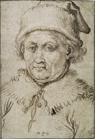 毛皮の襟と帽子をつけた老人の胸像。 作： Martin Schongauer