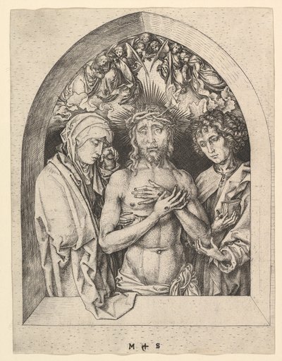 聖母と聖ヨハネとの悲しみの男としてのキリスト、ca。 1435-1491。 作： Martin Schongauer