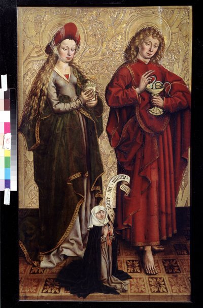 使徒ヨハネ、マグダラのマリア、寄贈者。 Martin Schongauer (1445 年または 1450-1491 年頃) による絵画。 木に油彩 作： Martin Schongauer