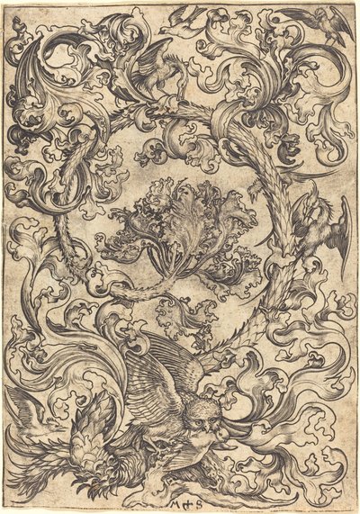 昼鳥に嘲笑されるフクロウの飾り 作： Martin Schongauer