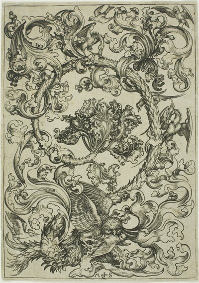 フクロウが昼間の鳥に擬態したオーナメント 作： Martin Schongauer