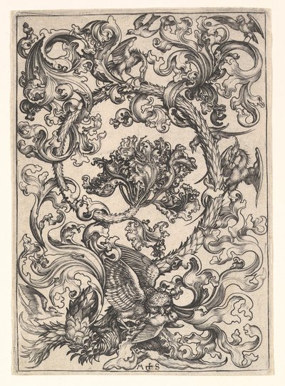 約1日の鳥にからかわれたフクロウの飾り。 1435-1491。 作： Martin Schongauer