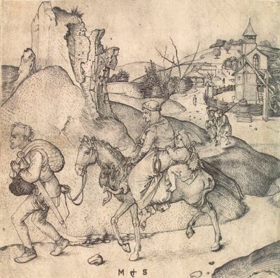 1473年から1475年の間、市場に行く農民の家族。 作： Martin Schongauer