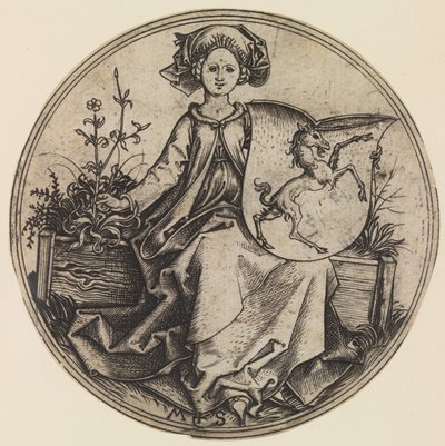 一角獣のいる盾を持つ座像の女性、約1435-1491年、約1435-1491年。 作： Martin Schongauer