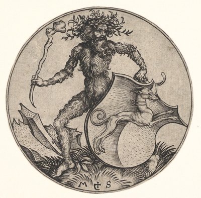 ワイルドマンが所有するグレイハウンドの盾、ca。 1435-1491。 作： Martin Schongauer