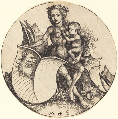 野生の女が持つ獅子頭の盾 作： Martin Schongauer