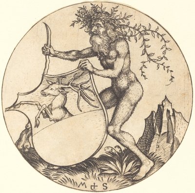 野生の男が持つ雄鹿の盾 作： Martin Schongauer