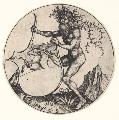 野生の男によって開催されたクワガタの盾、ca。 1435-1491。 作： Martin Schongauer