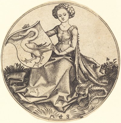女性が持つ白鳥の盾 作： Martin Schongauer