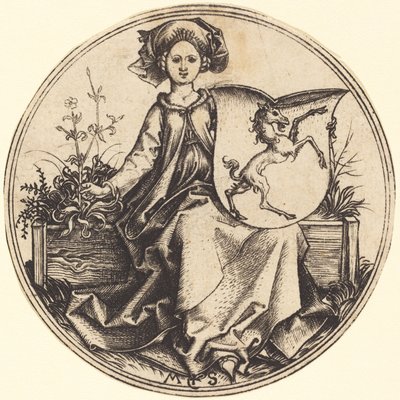 女性が持つユニコーンの盾 作： Martin Schongauer