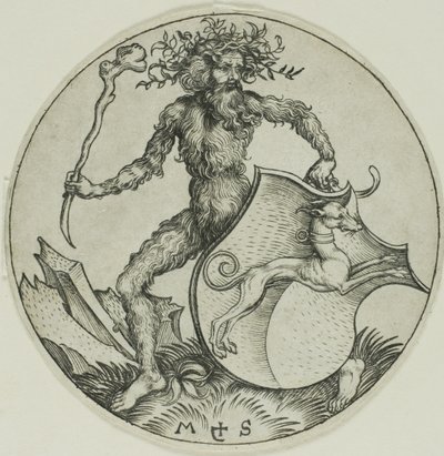 野生の男に抱かれたグレイハウンドと盾 作： Martin Schongauer