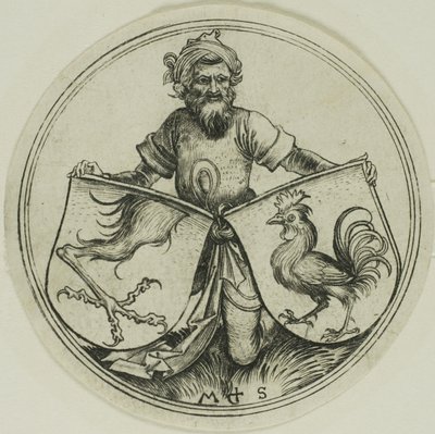 グリフィンの足を持つ盾とムーア人が持つコックを持つ盾 作： Martin Schongauer