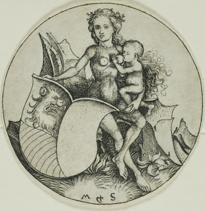 野生の女が持つライオンの頭の盾 作： Martin Schongauer