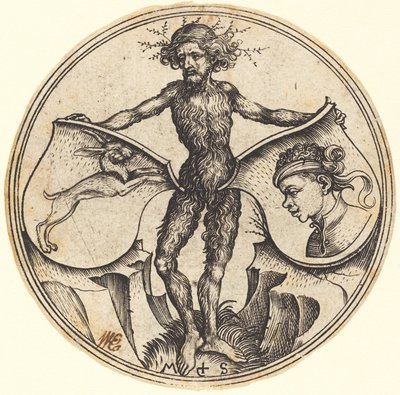 ワイルドマンが持つウサギとムーア人の頭の盾 作： Martin Schongauer