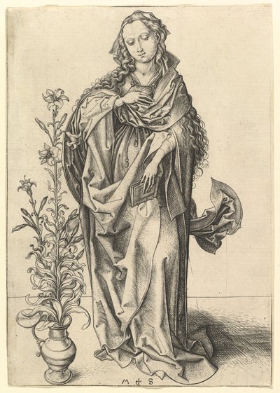 受胎告知：ヴァージン、ca。 1435-1491。 作： Martin Schongauer