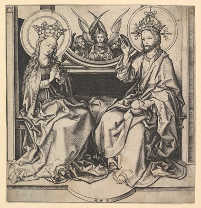 聖母の即位、およそ。 1435-1491。 作： Martin Schongauer