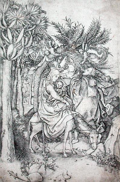 エジプトへの逃避行」1470-80年頃（エングレービング） 作： Martin Schongauer