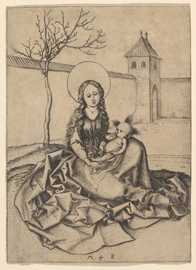 中庭のマドンナと子供1435-1491。 作： Martin Schongauer