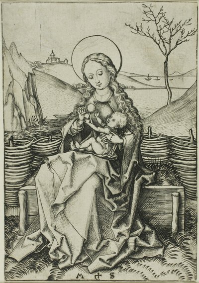 草原のベンチの聖母子 作： Martin Schongauer